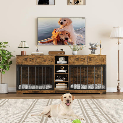82" Large Double Dog Crate Furniture with Drawers and Shelves, Brown
