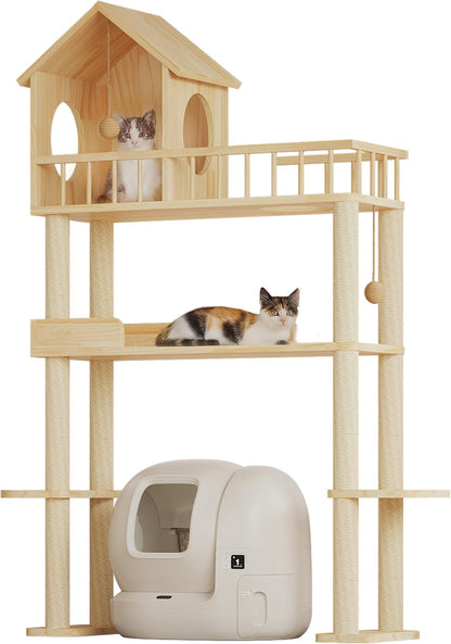 Wood Cat Tower for Automatic Litter Box, 4 Tier Cat Tree, 60 Inch