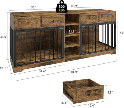 82" Large Double Dog Crate Furniture with Drawers and Shelves, Brown
