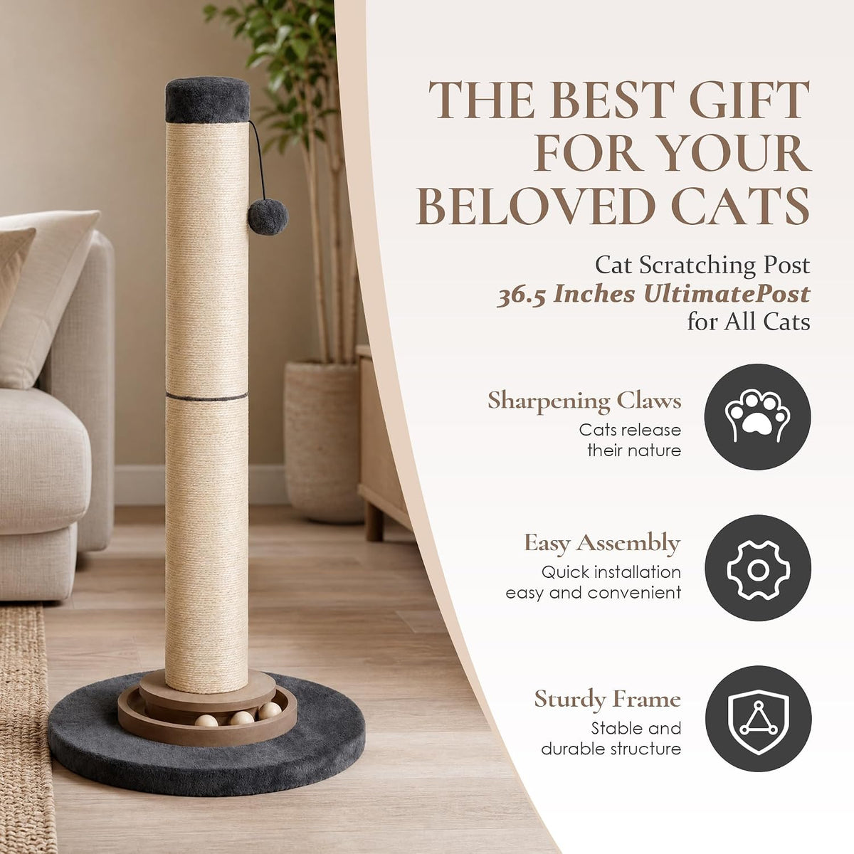 Heavy Duty Cat Scratching Post, 35 Inch Tall Cat Scratcher Cat Tree Tower with Hanging Ball for Indoor Cats Adults,Sisal Scratching Post with Toys