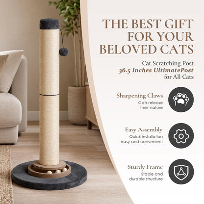 Heavy Duty Cat Scratching Post, 35 Inch Tall Cat Scratcher Cat Tree Tower with Hanging Ball for Indoor Cats Adults,Sisal Scratching Post with Toys
