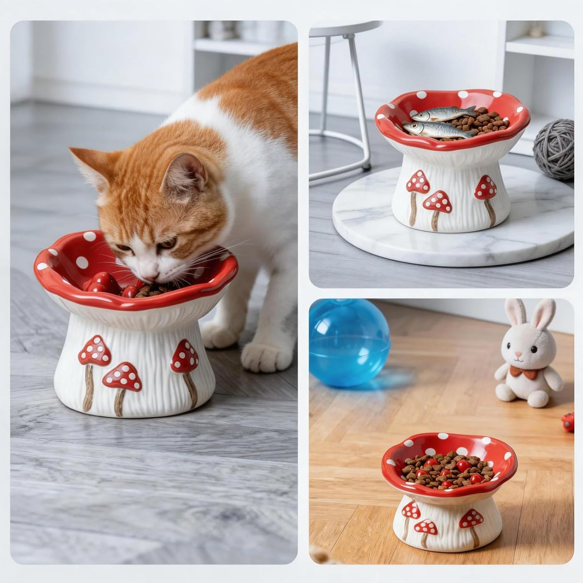 Cute Ceramic Elevated Slow Feeder Cat Bowl, Mushroom Design Non-Slip Pet Bowl for Cats & Small Dogs