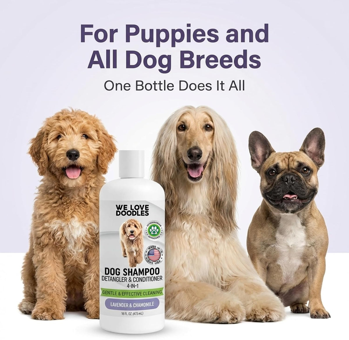 Dog Shampoo, Conditioner & Detangler, Hypoallergenic Tearless Lavender 16OZ