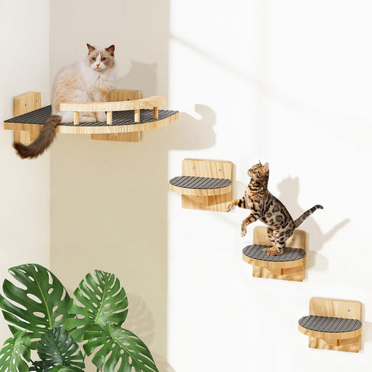 Cat Wall Shelves with 3 Steps, Wooden Cat Wall Furniture up to 15Lbs, Floating Stairs for Small/Medium Cats, Kitty Wide Climber Shelf with Cozy Perch for Indoor, Sleeping, Jumping, Playing