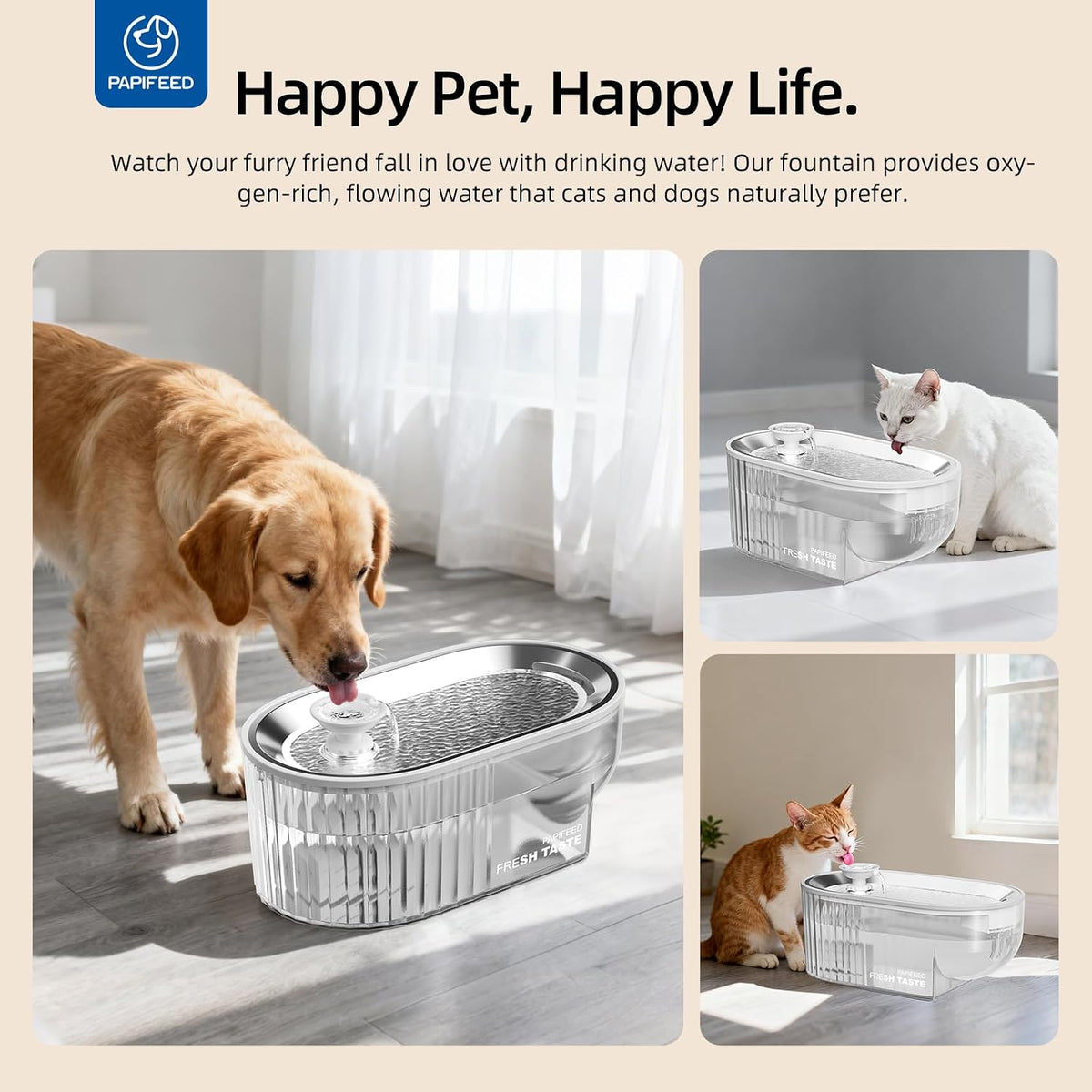 Cat Water Fountain Stainless Steel, 84Oz/2.5L Automatic Cat Water Fountain with Visible Water Level, Ultra Quiet Low Power Cat Water Bowl & Cat Water Dispenser (White)