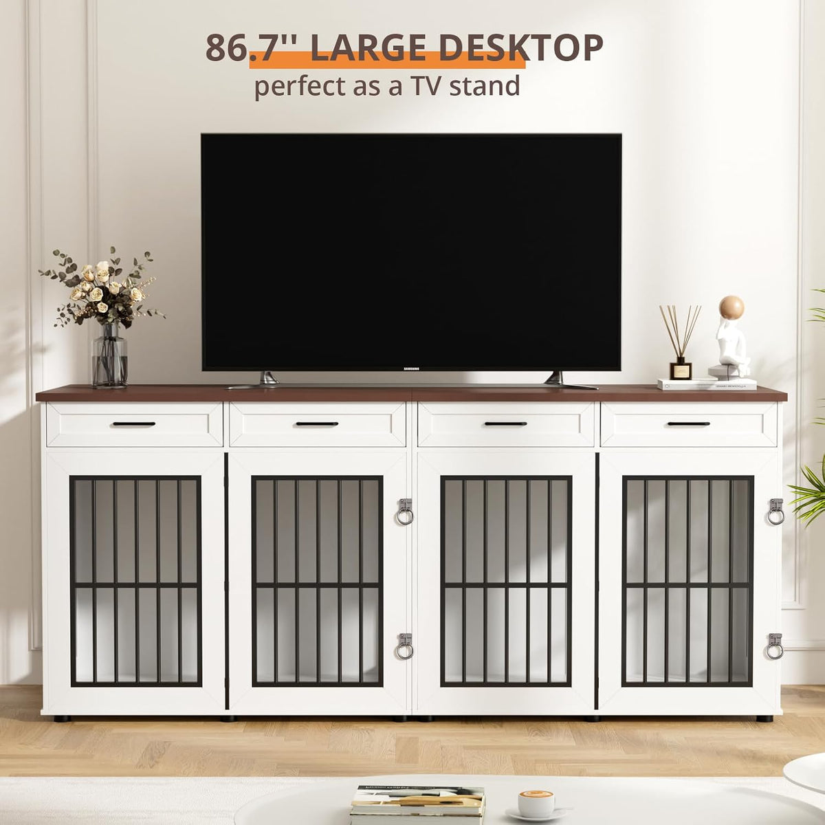 87" Dog Crate Furniture for 2 Dogs, Double Dog Cage Furniture, White