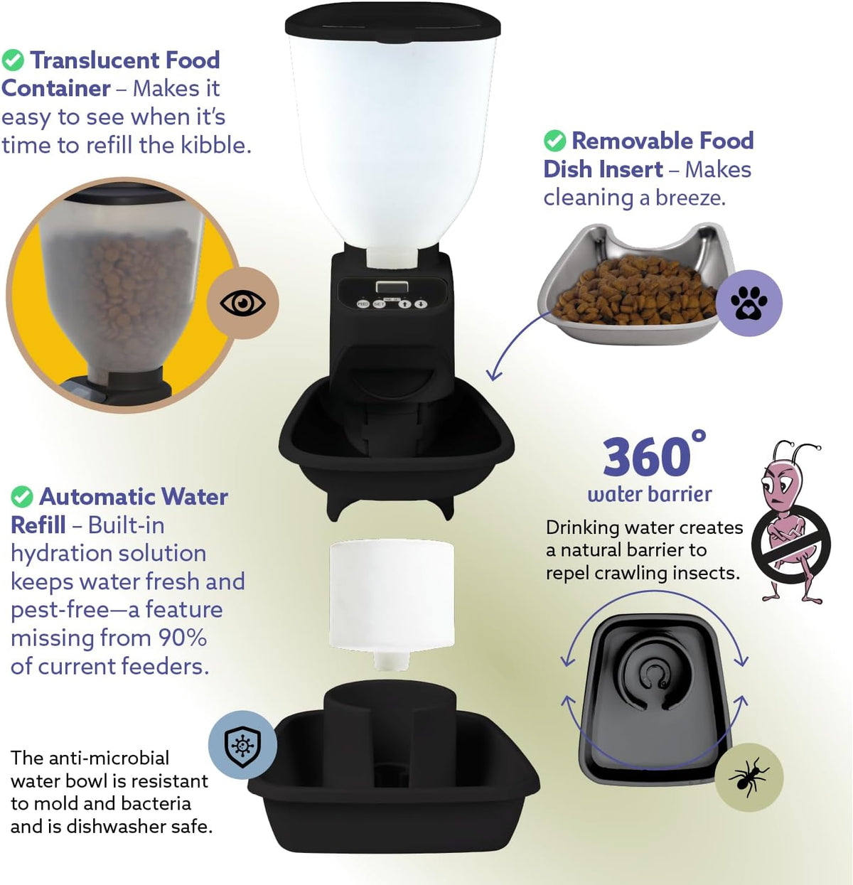 ® Automatic Dog & Cat Food Feeder with Water Dispenser, Smart Portion Control, OLED Display, Anti-Jam Design, Battery Operated, XS 4–15 Lbs Pets, Black