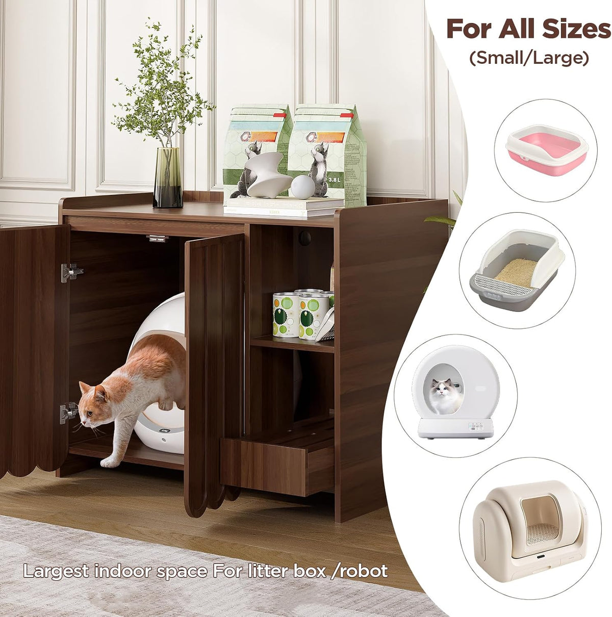Large Litter Box Enclosure with Litter Collector, Hidden Litter Box Furniture for Automatic Litter Box, Cat Robot 3/4, Dog Proof Litter Box Cabinet, Side Table, Walnut