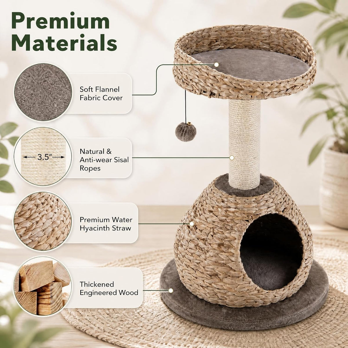 Modern Cat Tree Tower, Paper Rope Natural Bowl Shaped with Perch, Scratching Post, Rattan Cat Activity Tree for Kittens, 28" Tall