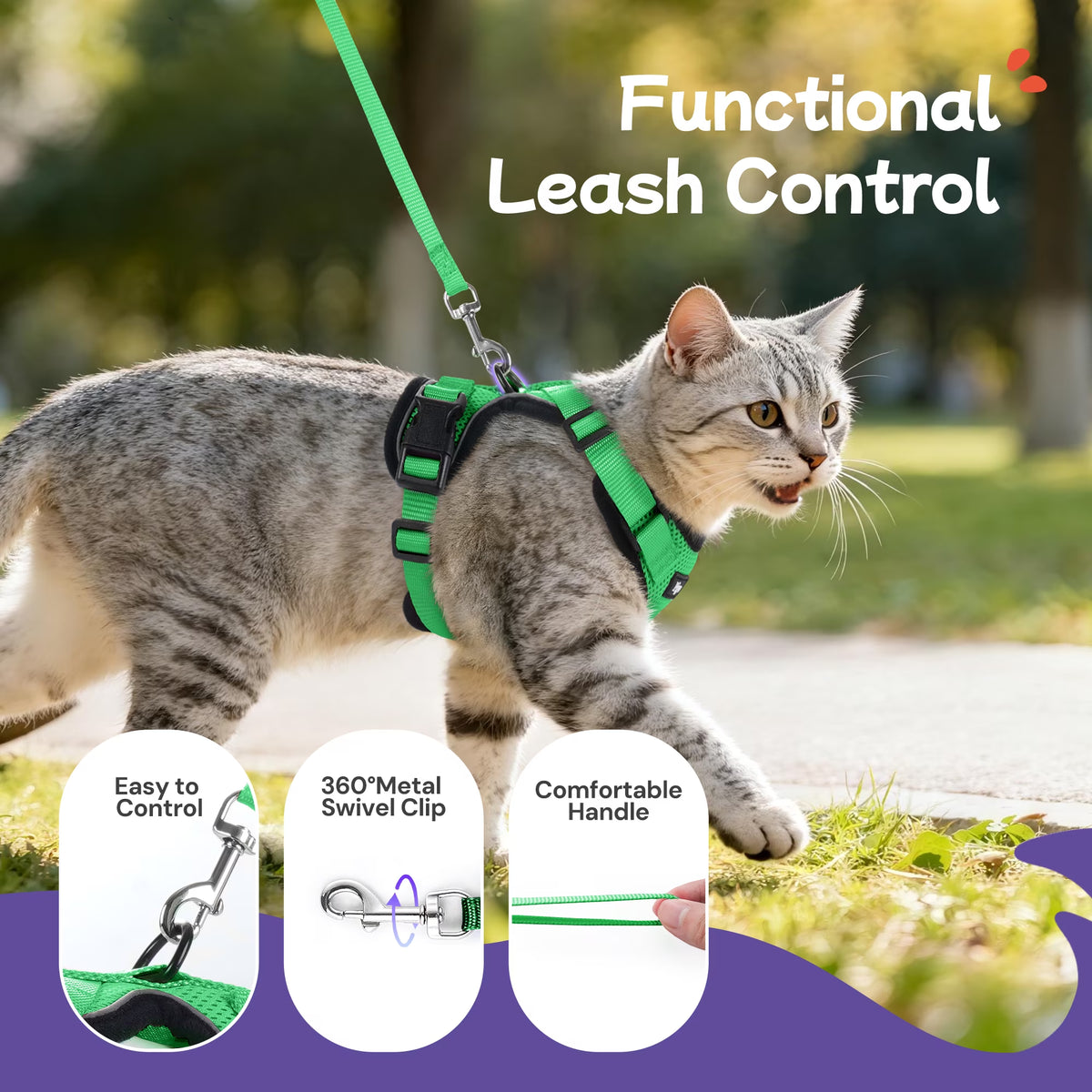 Cat Harness and Leash for Walking, Escape Proof Soft Adjustable Vest Harnesses for Cats, Easy Control Breathable Reflective Strips Jacket, Grass Green