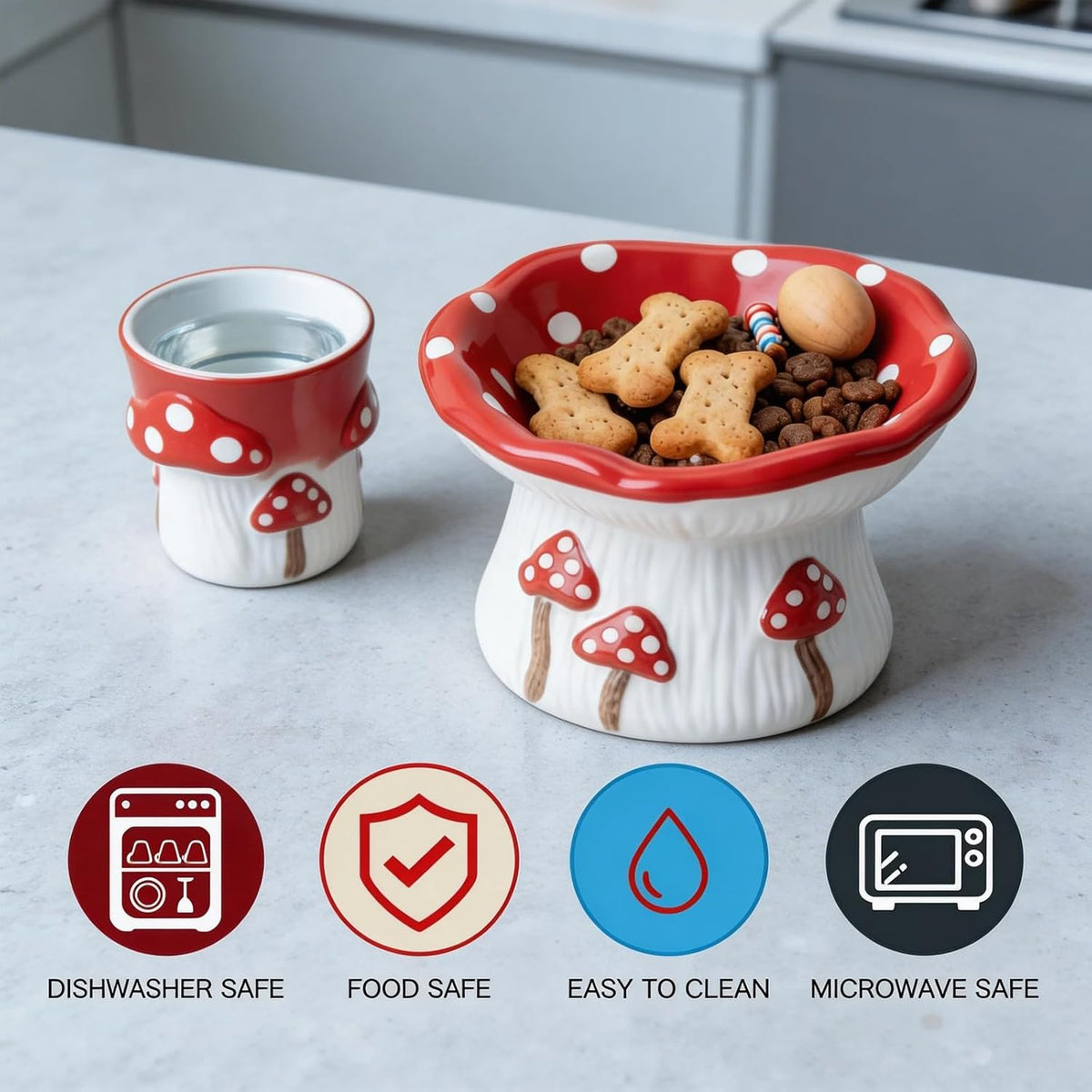 Cute Ceramic Elevated Slow Feeder Cat Bowl, Mushroom Design Non-Slip Pet Bowl for Cats & Small Dogs