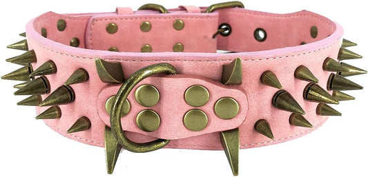 Spiked Studded Dog Collar for Large Dogs, 2 Inch Wide Bold PU Leather with Heavy Metal Hardware, Statement Piece for Pitbull Mastiff Rottweiler Doberman, Adjustable (Pink)