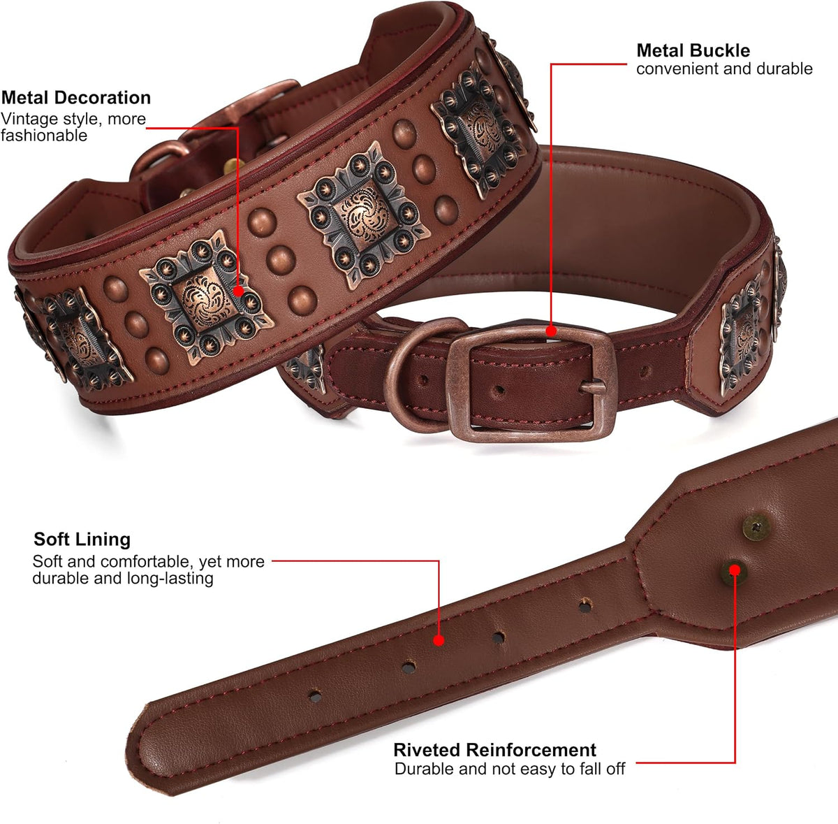Genuine Leather Dog Collar, 2 Inch Wide, Brown,Neck 16-19"