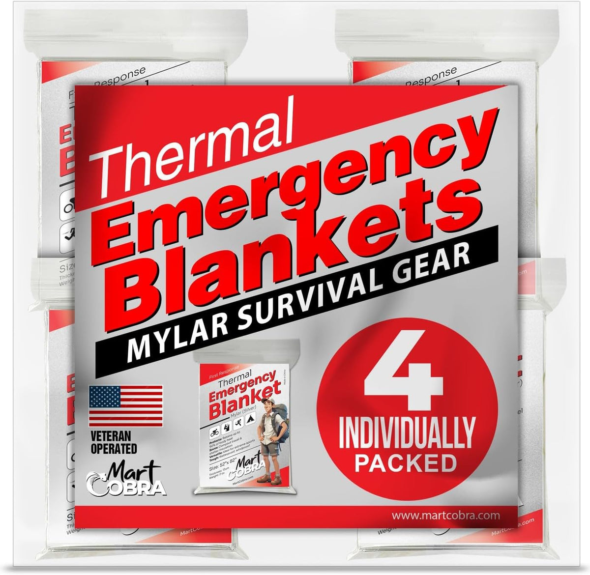 Emergency Blanket Mylar Thermal Space Survival Gear & Supplies 4-Pack Foil