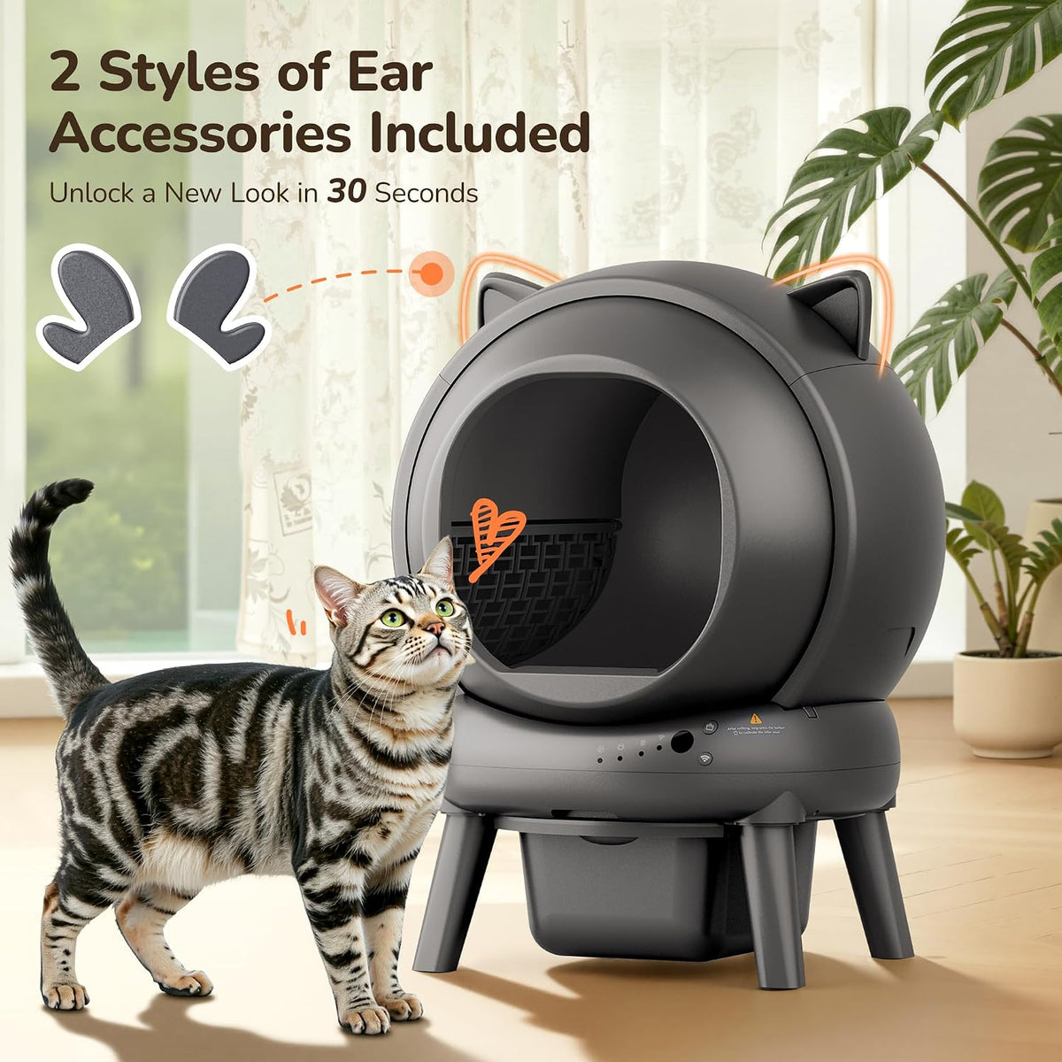 Automatic Self Cleaning Litter Box, Cat Litter Box with APP Control, 65L Globe & Dual Safety Sensors, Robot Litter Box, 1 Roll Garbage Bags and Litter Mat, <35DB, for Multiple Cats, Grey