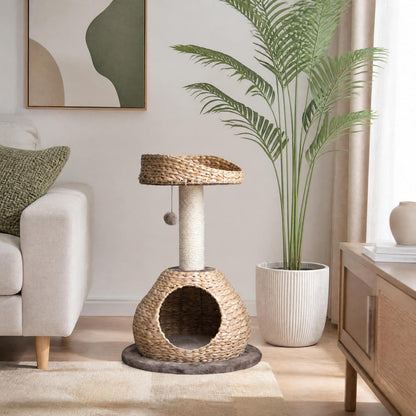 Modern Cat Tree Tower, Paper Rope Natural Bowl Shaped with Perch, Scratching Post, Rattan Cat Activity Tree for Kittens, 28" Tall