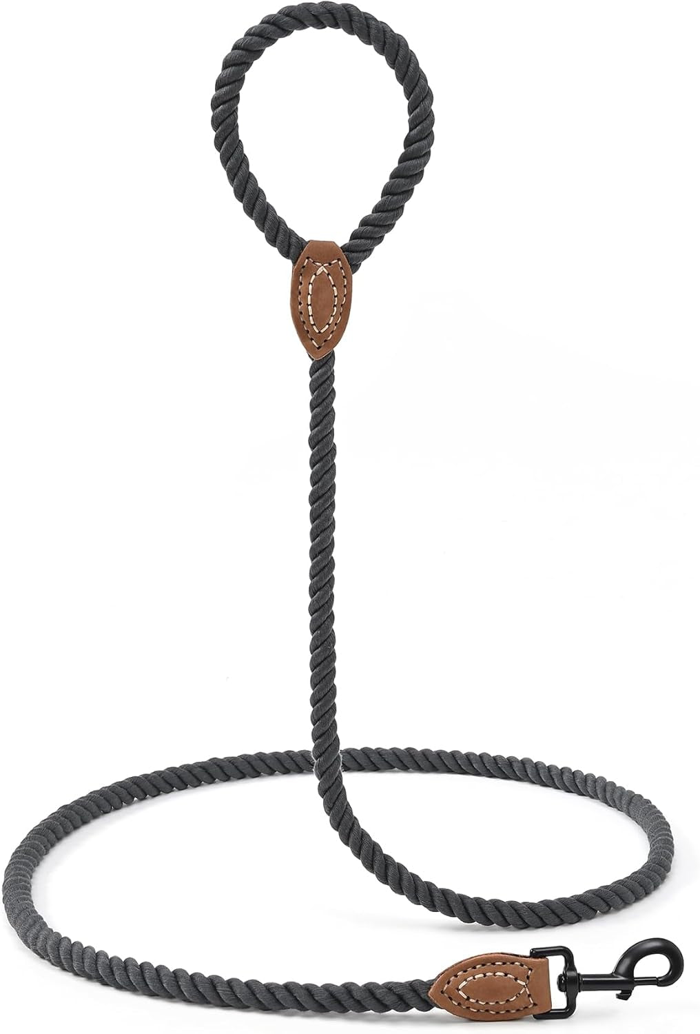 Dog Leash Braided Cotton Rope with Leather-Reinforced Ends