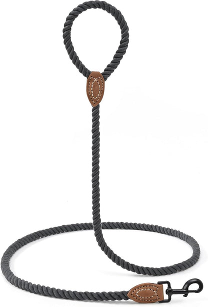 Dog Leash Braided Cotton Rope with Leather-Reinforced Ends