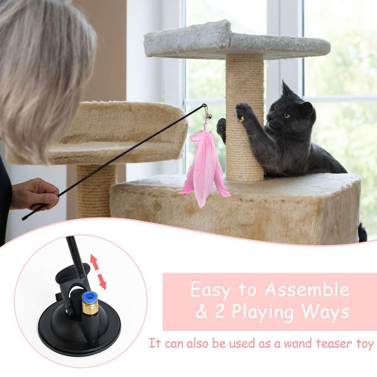 Bendable Teaser Wand Toy with Suction Cup Base Feather Bells Cat Interactive Pet