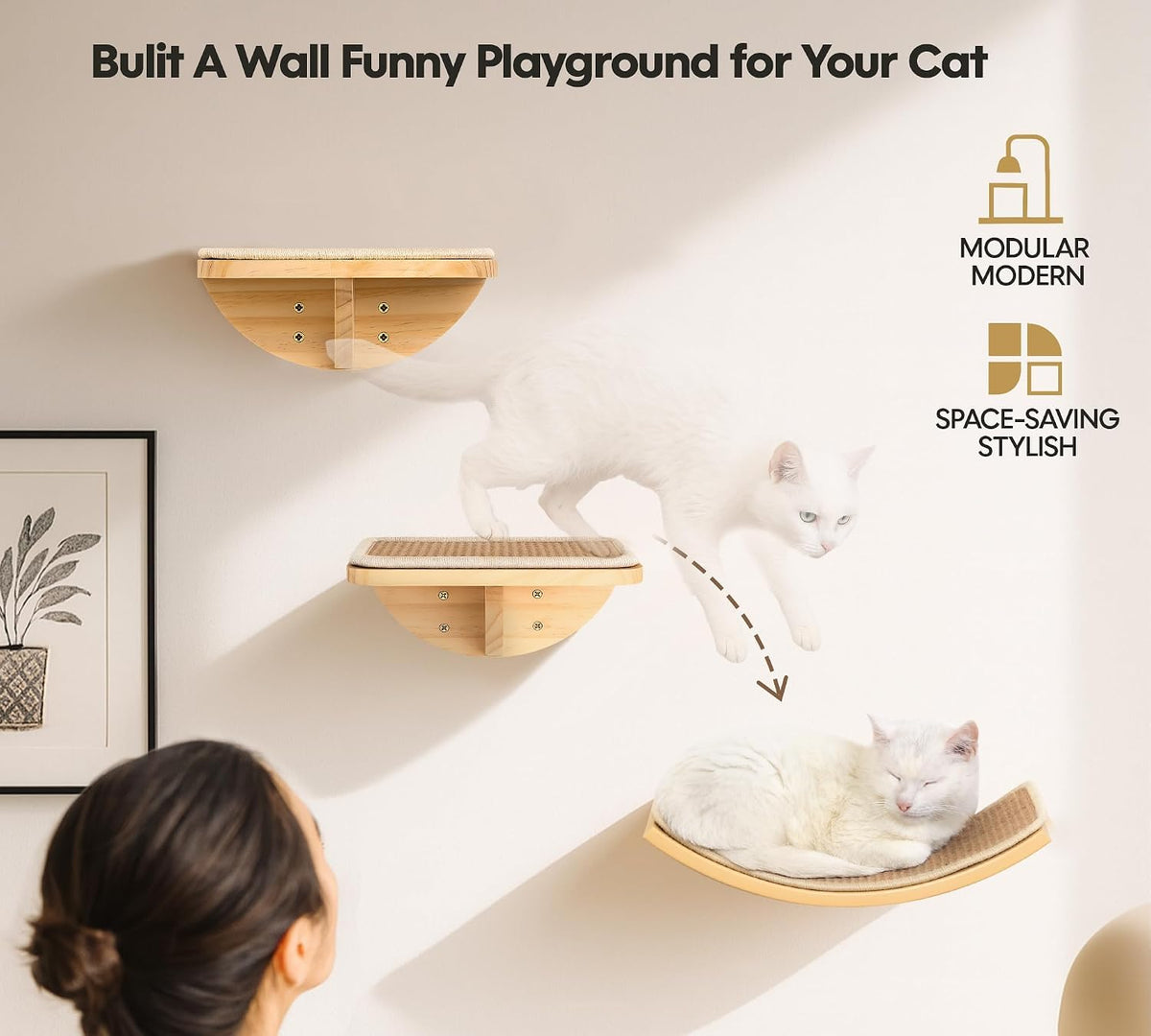 Cat Wall Shelves, Cat Window Perches with Curved Bed & 2 Sisal Mat Steps