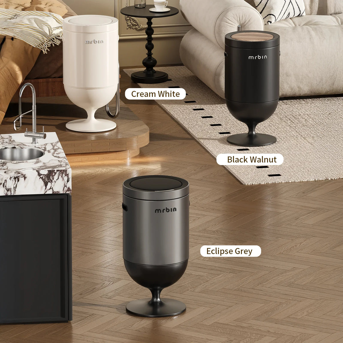 Metal Bathroom Trash Can with Lid, 5.3 Gallon Wine Glass Shaped Automatic Waste Basket Touchless, Smart round Tall Garbage with High Leg for Office, Bedroom, Kitchen, Cream White