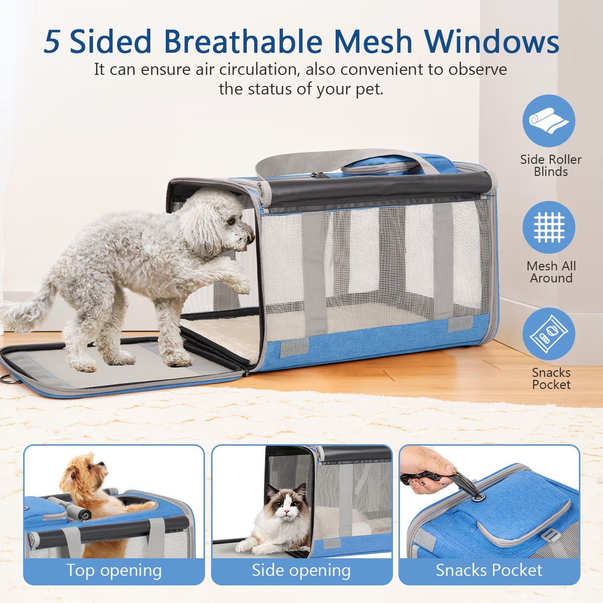 Cat Carriers for Medium Cats under 25 Lbs, Pet Carrier for Cats Dog with Top Bag/Fodable Bowl/Washable Pad, Soft-Sided Escape Proof with 4 Ventilated Windows, Blue