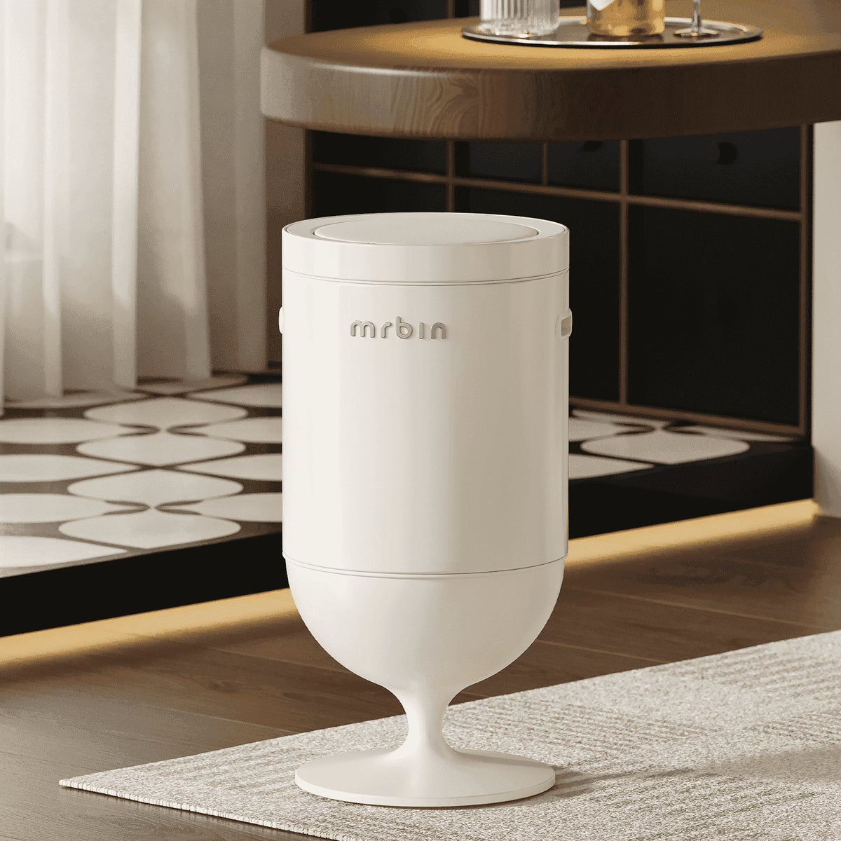 Metal Bathroom Motion Sensor Trash Can with Lid, 5.3 Gallon Wine Glass Shaped Automatic Waste Basket Touchless, Smart round Tall Garbage with High Leg for Office, Bedroom, Kitchen, Cream White