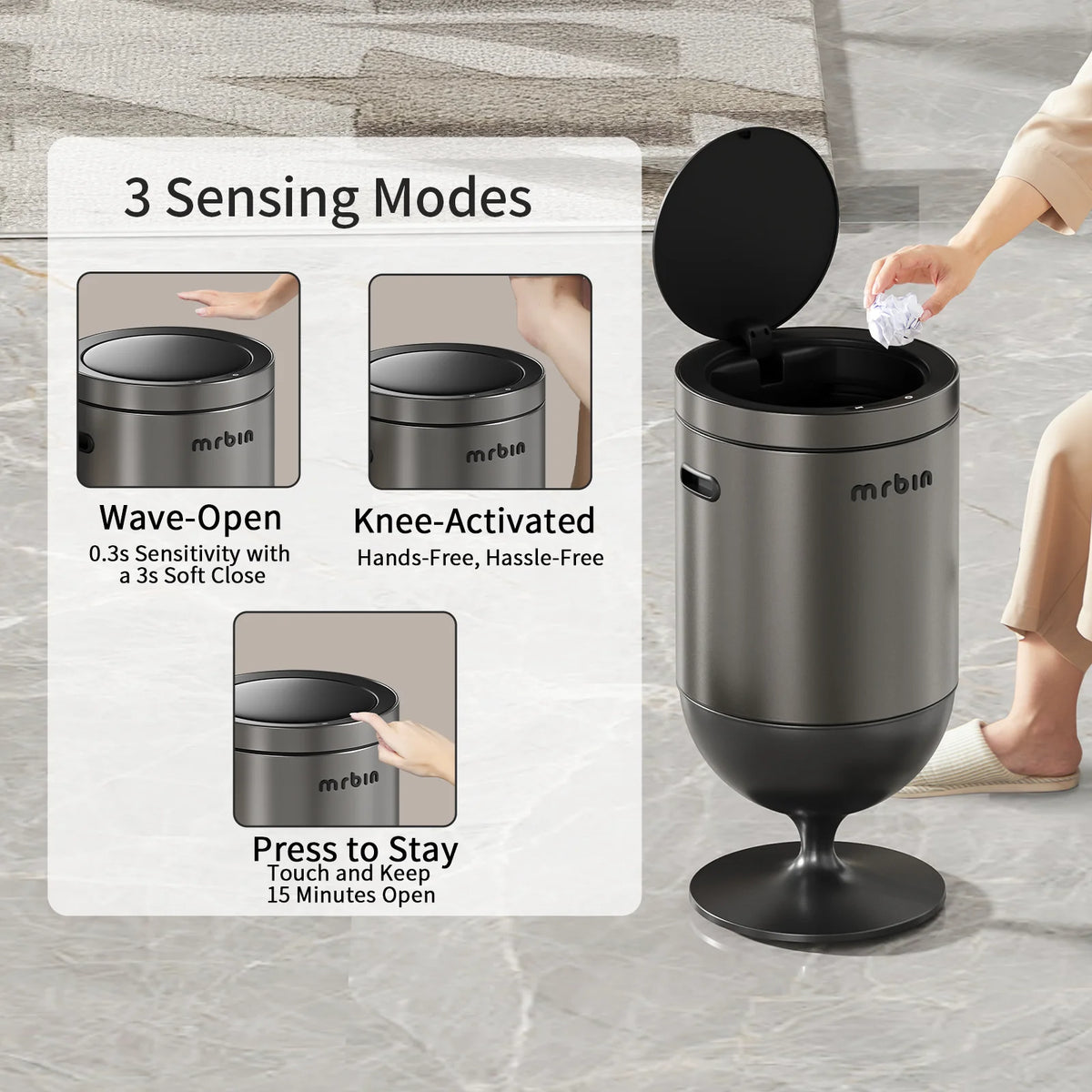 Stainless Steel Motion Sensor Trash Can with Lid, 5.3 Gallon Wine Glass Shaped Automatic Waste Basket Touchless, Smart round Tall Garbage with High Leg for Office, Bedroom, Kitchen, Eclipse Grey