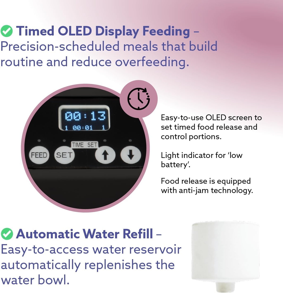® Automatic Dog & Cat Food Feeder with Water Dispenser, Smart Portion Control, OLED Display, Anti-Jam Design, Battery Operated, XS 4–15 Lbs Pets, Black
