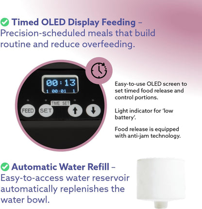 ® Automatic Dog & Cat Food Feeder with Water Dispenser, Smart Portion Control, OLED Display, Anti-Jam Design, Battery Operated, XS 4–15 Lbs Pets, Black