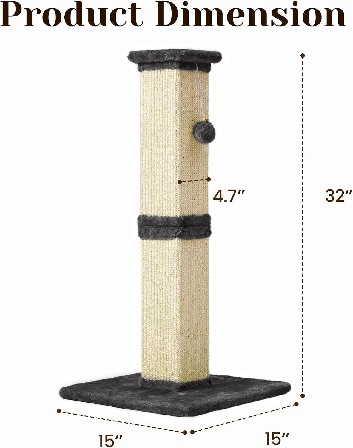 Tall Cat Scratching Post, 32'' Heavy Duty and Thick Scratching Post, Scratching Post for Adult Cats, Thick Sisal Rope with Hanging Ball, Grey