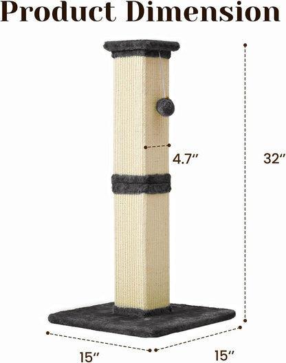 Tall Cat Scratching Post, 32'' Heavy Duty and Thick Scratching Post, Scratching Post for Adult Cats, Thick Sisal Rope with Hanging Ball, Grey