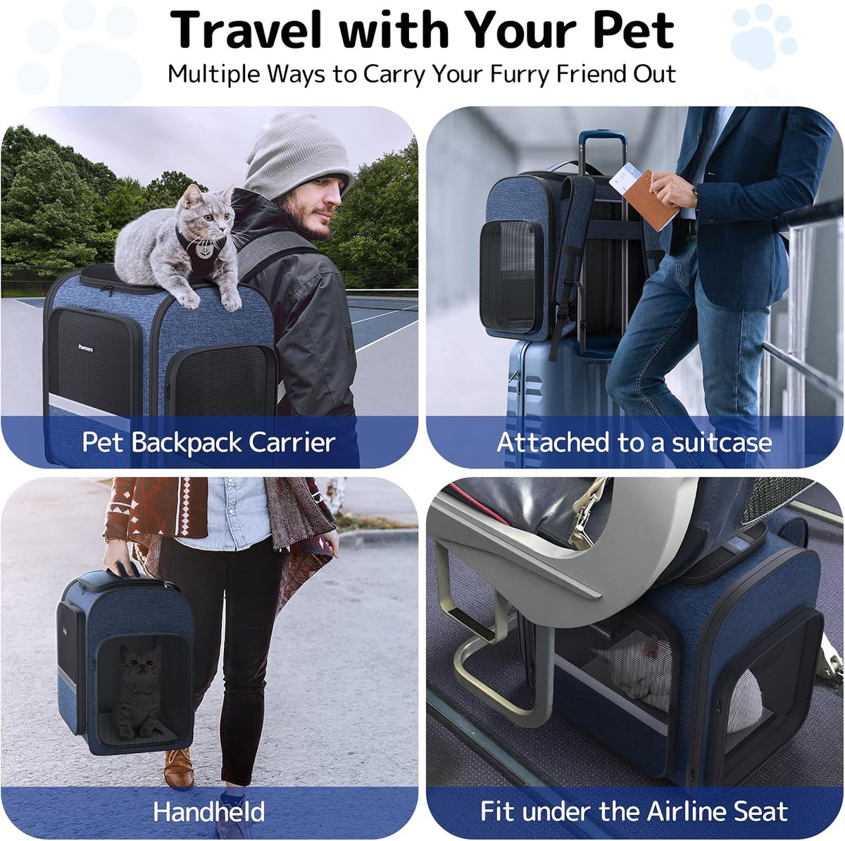 Cat Backpack with Play Tunnel, Design for Carrying Playing Blue