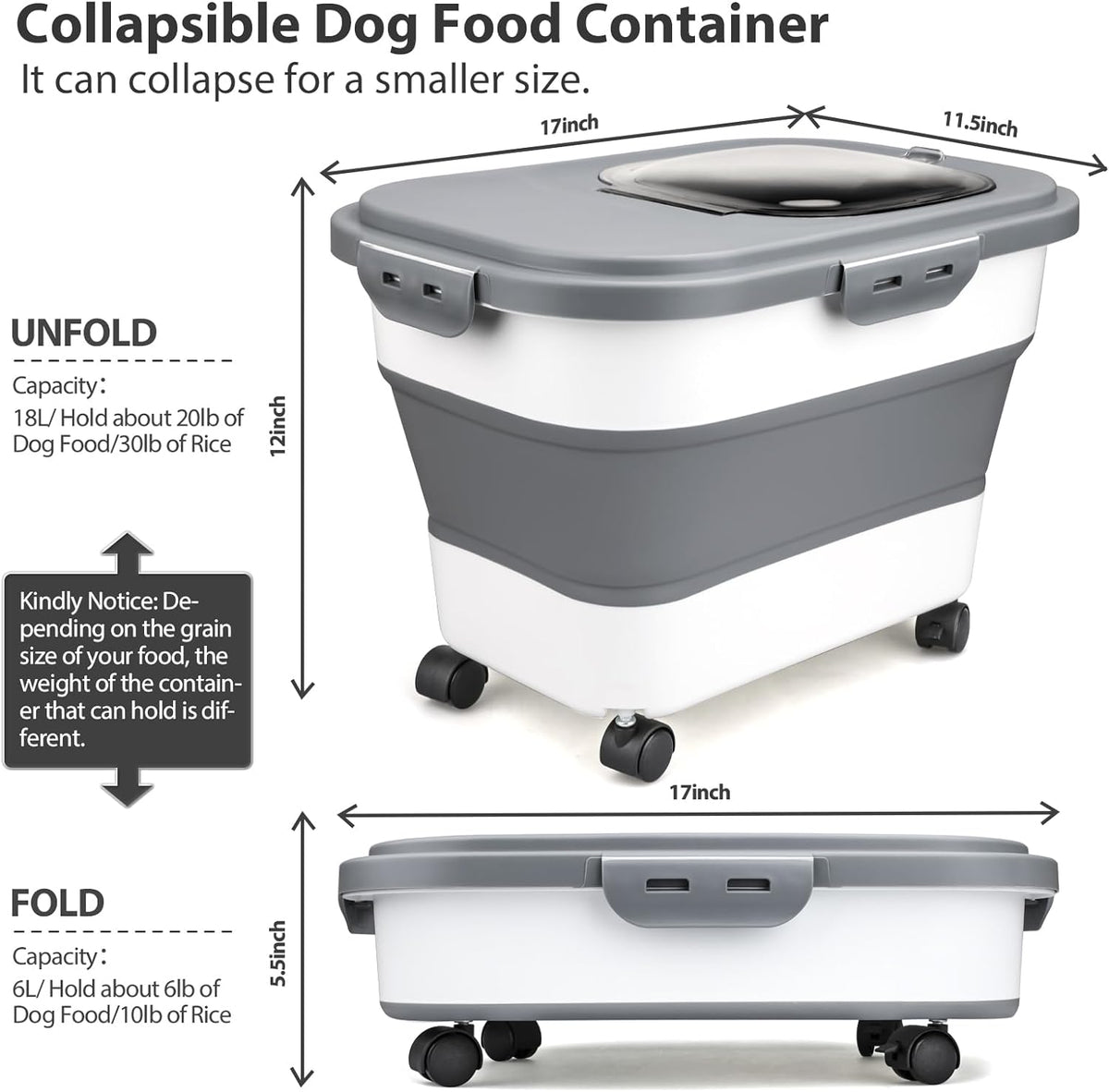 Dog Food Storage Container, 10-20Lbs Collapsible Pet Food Storage Containers with Rolling Wheel Airtight Locking Lid, Dry Food Storage Bin with Cup and Scoop,Suitable for Pet Food, Rice, Flour