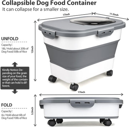 Dog Food Storage Container, 10-20Lbs Collapsible Pet Food Storage Containers with Rolling Wheel Airtight Locking Lid, Dry Food Storage Bin with Cup and Scoop,Suitable for Pet Food, Rice, Flour
