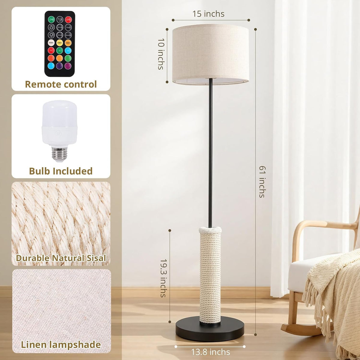 61 Inches Cat Scratching Post, Floor Lamp,Durable Natural Sisal and Heavy Duty Base,Suitable for Living Room Bedroom Dining Room Kitchen