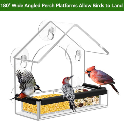 Clear Window Bird Feeder with 5 Extra Strong Suction Cups,  Sturdy and Durable Acrylic Birdfeeders for Viewing Wild Birds Outside, as a Bird Watching Gift, Outdoor Birdhouse Box, Garden Decor
