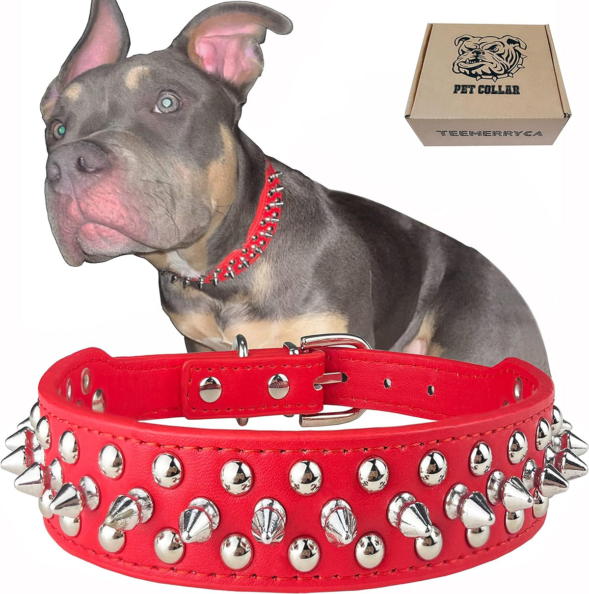 Adjustable Microfiber Leather Spiked Studded Dog Collars with a Squeak Ball Gift for Small Medium Large Pets like Cats/Pit Bull/Bulldog/Pugs/Husky, Red, L(15"-18.5")