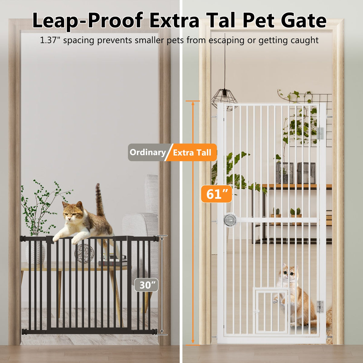 Dog Door with Cat Door, 61" Tall Cat Gate for Doorway Pet Gates No Drilling