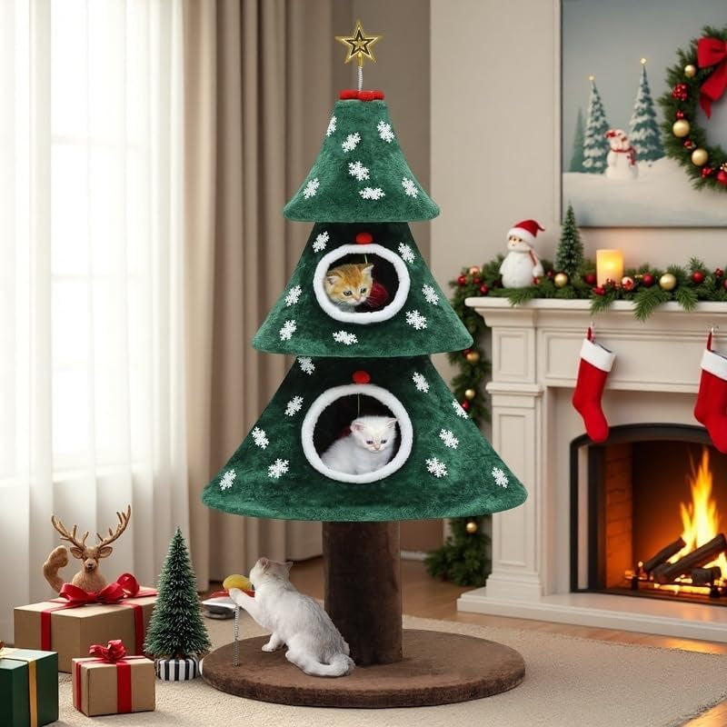 52" Christmas Cat Tree with 2-Storey House