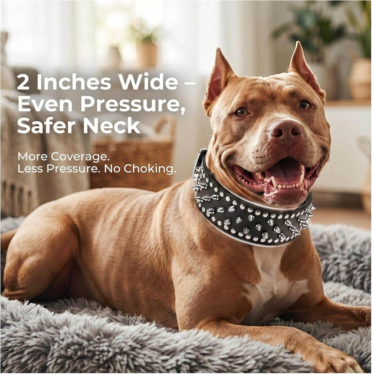 Anti-Bite Wide Spiked Studded Dog Collar, M (18.5” - 21.65”)