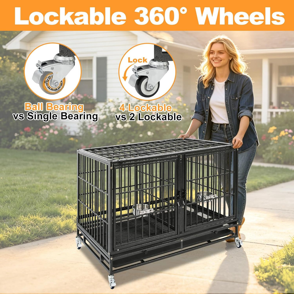 43" Double Dog Crate, Heavy Duty Stackable Kennel with Divider