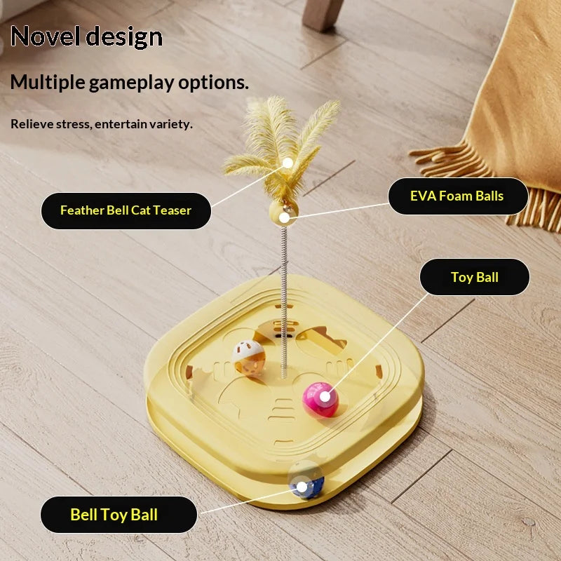 Self Play Cat Activity Center Toy - Boredom Relief Feather Bell Teaser Wand Interactive Pet Puzzle Fun Game