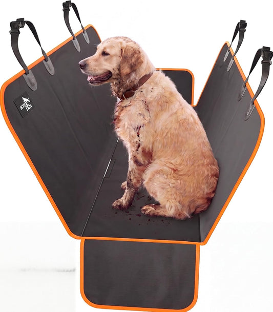 Waterproof Hammock Standard Car Seat Cover, Fits Sedans Hatchbacks Crossovers Coupes Compact Vehicles, Secure Convertible Travel Bed Protects Backseat Cargo from Dogs, Black W/Orange Trim