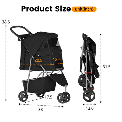 | 3-Wheel Pet Stroller | Dog and Cat Stroller | Breathable Mesh | Lightweight Travel Carrier | Waterproof & Foldable Design | Storage Basket | Black | for Daily Walks & Outdoor Use