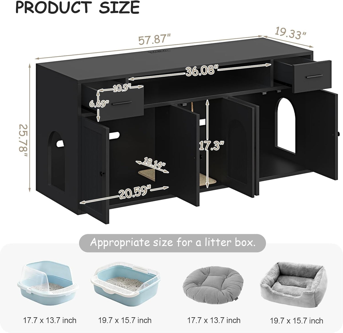 Cat Litter Box Enclosure, Litter Box Furniture for 2 Cats, Litter Box Enclosure with Socket for Living Room (Black)