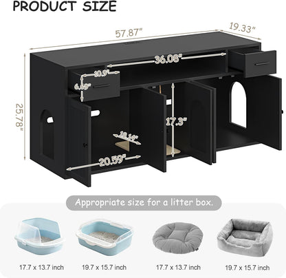 Cat Litter Box Enclosure, Litter Box Furniture for 2 Cats, Litter Box Enclosure with Socket for Living Room (Black)