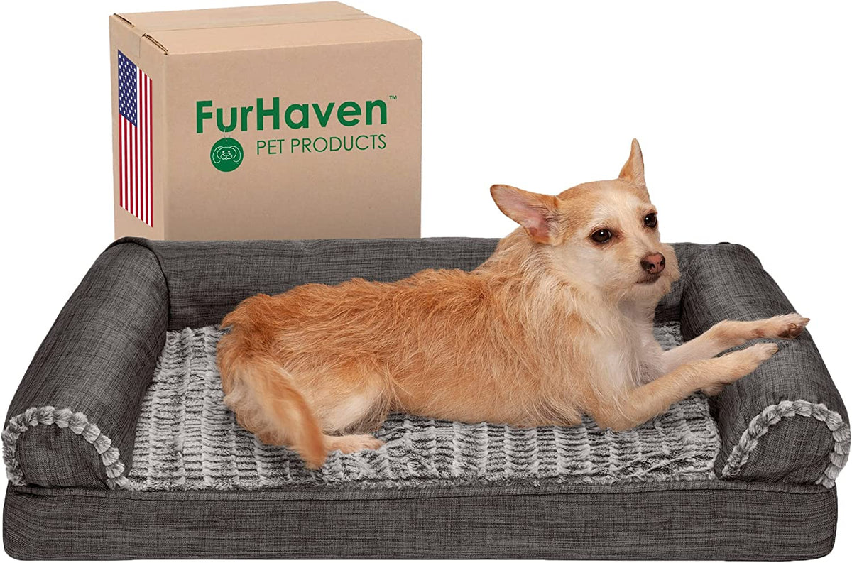 Orthopedic Dog Bed for Medium/Small Dogs W/ Removable Bolsters & Washable Cover, for Dogs up to 35 Lbs - Luxe Faux Fur & Performance Linen Sofa - Charcoal, Medium