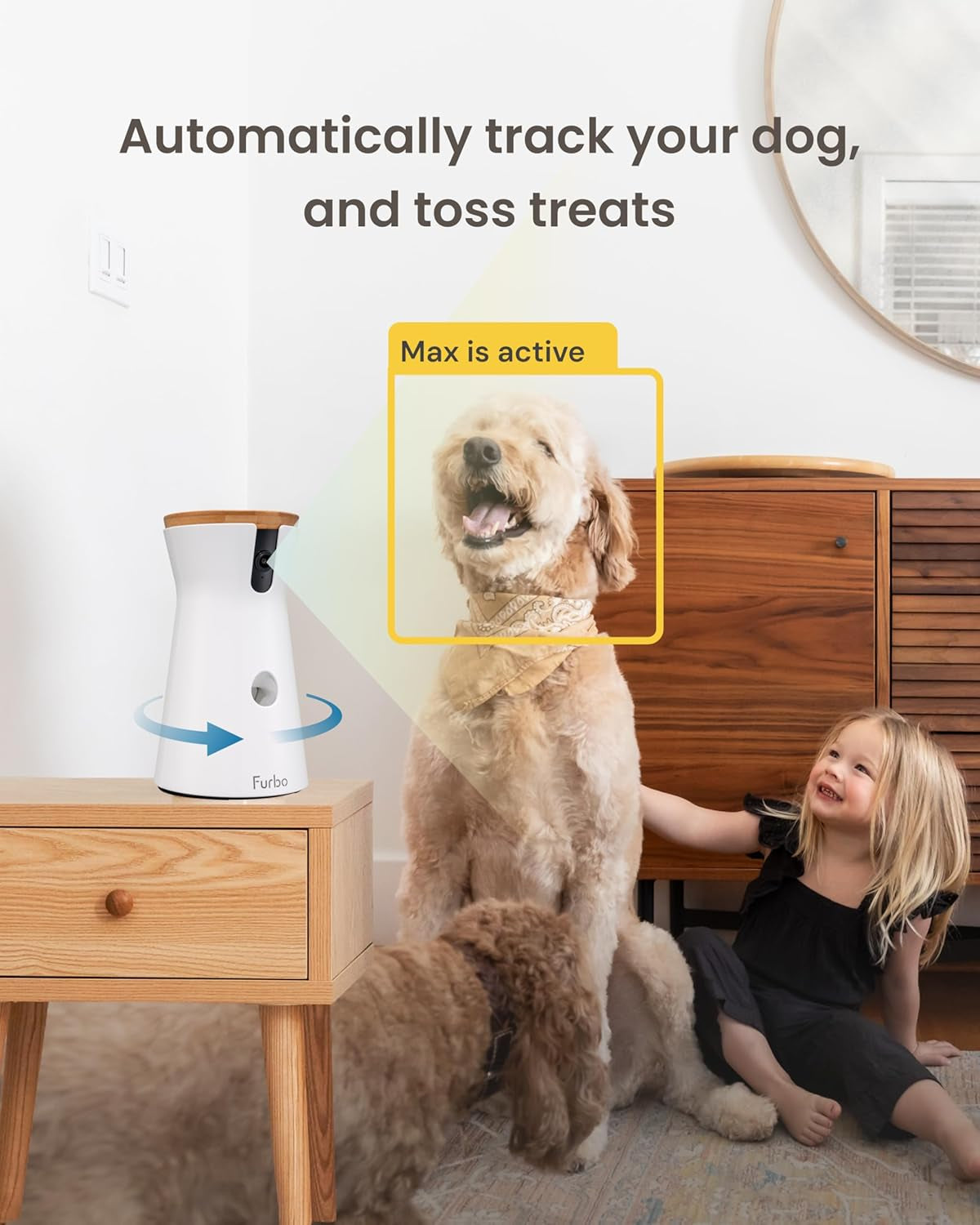 360° Dog Camera: Pet Security Cam W/Barking Alerts, Rotating View, Treat Toss W/