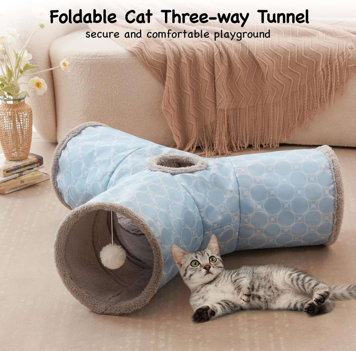 Cat Tunnel, 3-Way Collapsible Toy for Indoor Cats, Geometry Blue